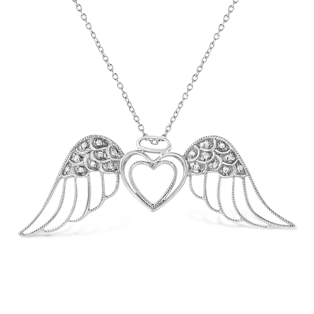 Sterling Silver Angel Wing Diamond Heart Pendant Necklace - 1/20 Cttw 18 Inch