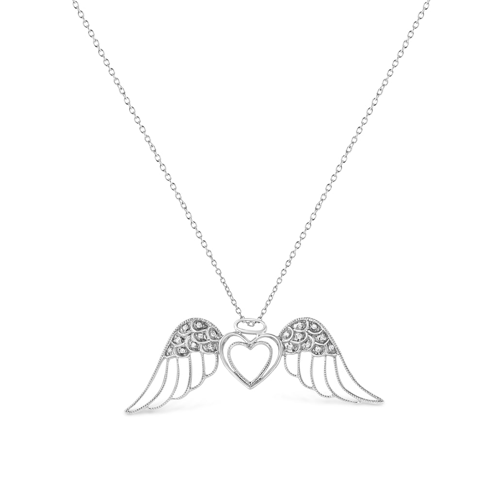 Sterling Silver Angel Wing Diamond Heart Pendant Necklace - 1/20 Cttw 18 Inch