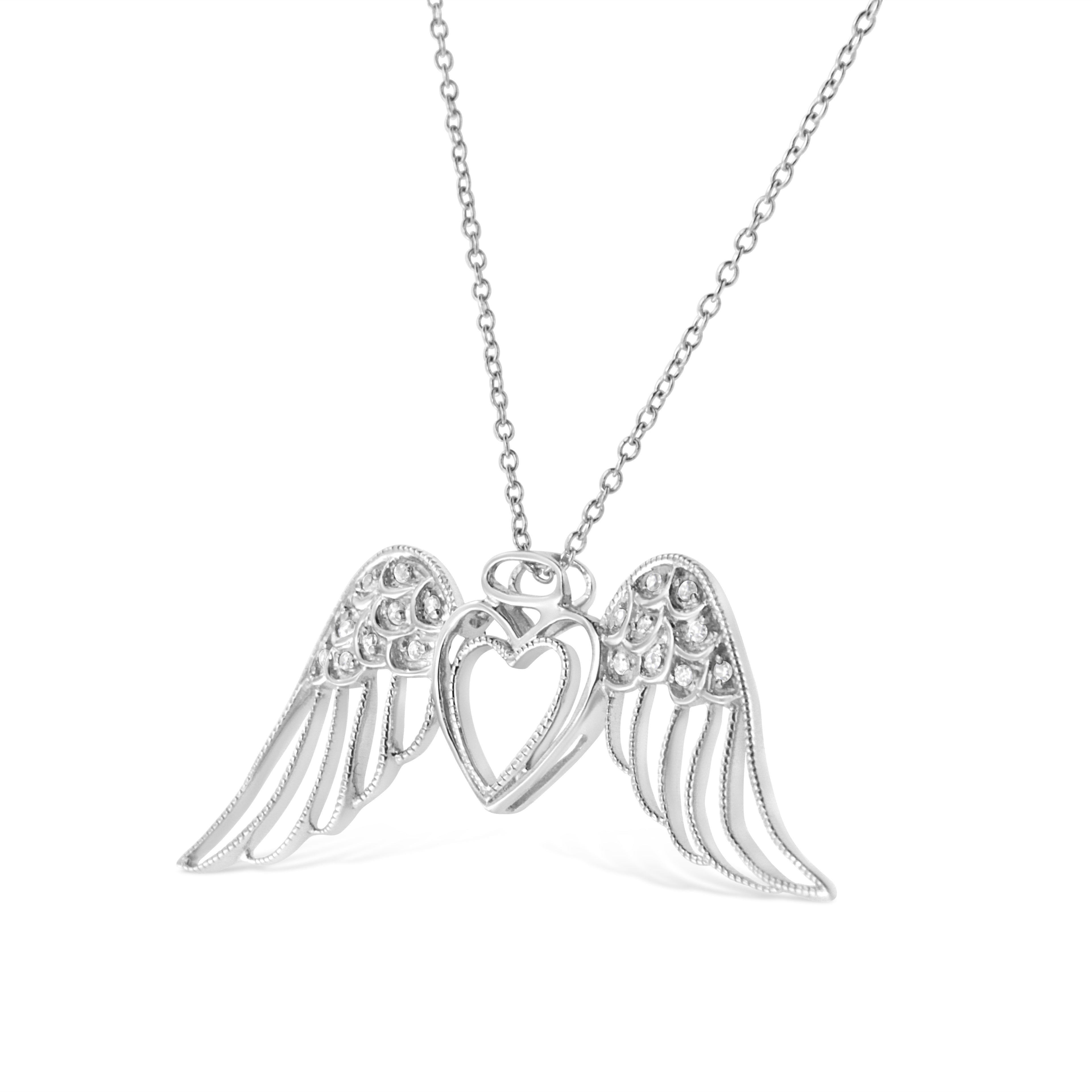 Sterling Silver Angel Wing Diamond Heart Pendant Necklace - 1/20 Cttw 18 Inch