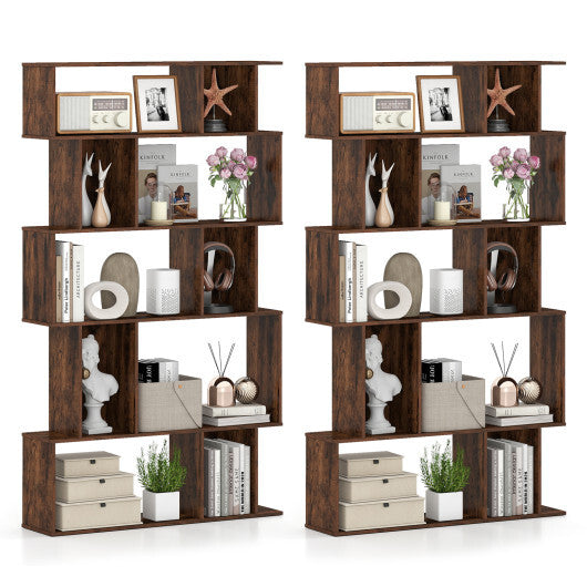 Geometric Bookshelf Set of 2 - 5-Tier Bookcase with Open Shelves & Closed-Back Cubes - Brown