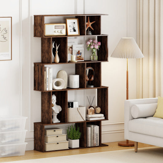 Geometric Bookshelf Set of 2 - 5-Tier Bookcase with Open Shelves & Closed-Back Cubes - Brown
