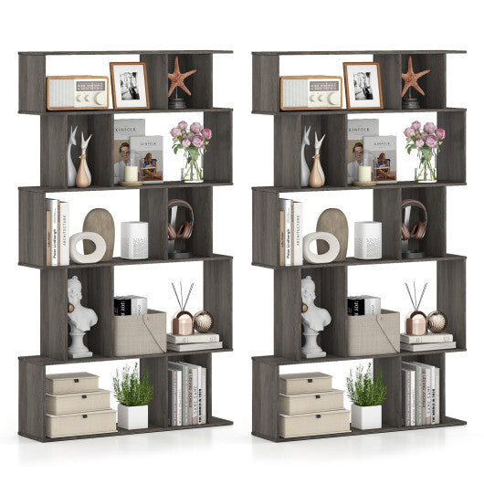 Geometric Bookshelf Set of 2 - 5-Tier Bookcase with Open Shelves & Closed-Back Cubes - Oak