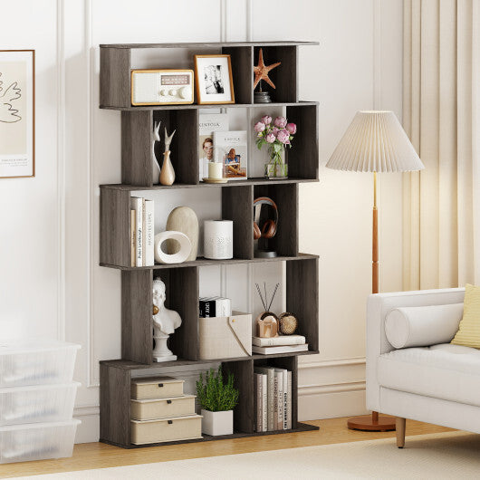 Geometric Bookshelf Set of 2 - 5-Tier Bookcase with Open Shelves & Closed-Back Cubes - Oak