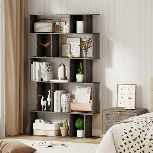 Geometric Bookshelf Set of 2 - 5-Tier Bookcase with Open Shelves & Closed-Back Cubes - Oak