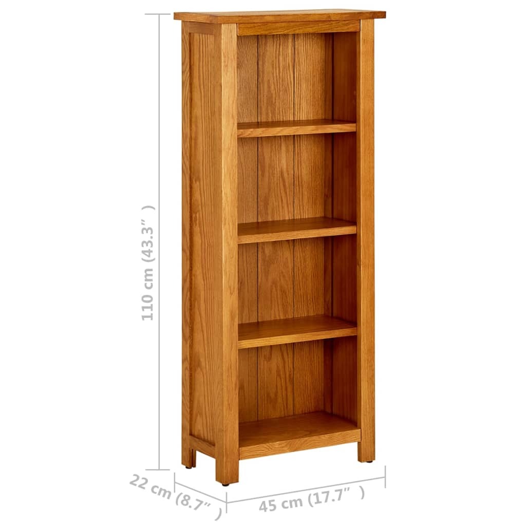 4-Tier Natural Oak Bookcase - Solid Oak Wood & MDF - 17.7" Wide 43.3" Heigh