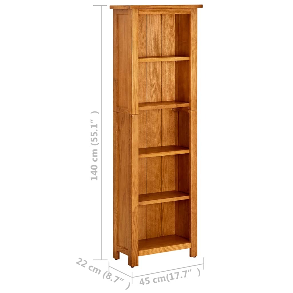 5-Tier Natural Oak Bookcase - Solid Oak Wood - 17.7" Wide 55.1" Heigh