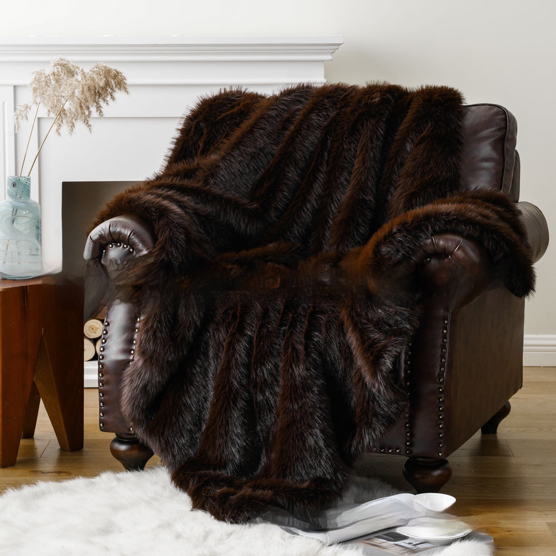 Creative Striped Faux Fur Sofa Blanket - Dark Brown - 127×152cm