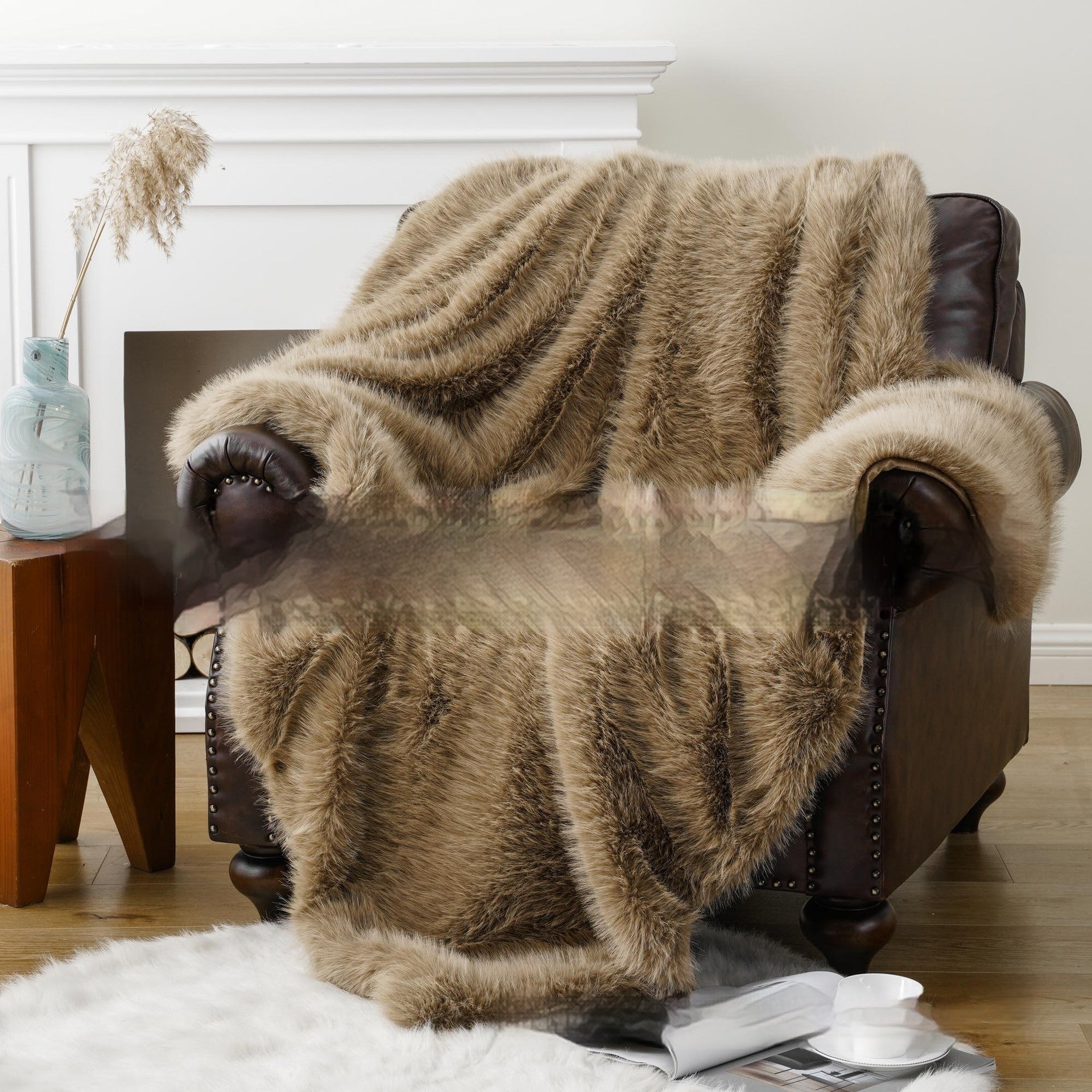 Creative Striped Faux Fur Sofa Blanket - Khaki - 127×152cm