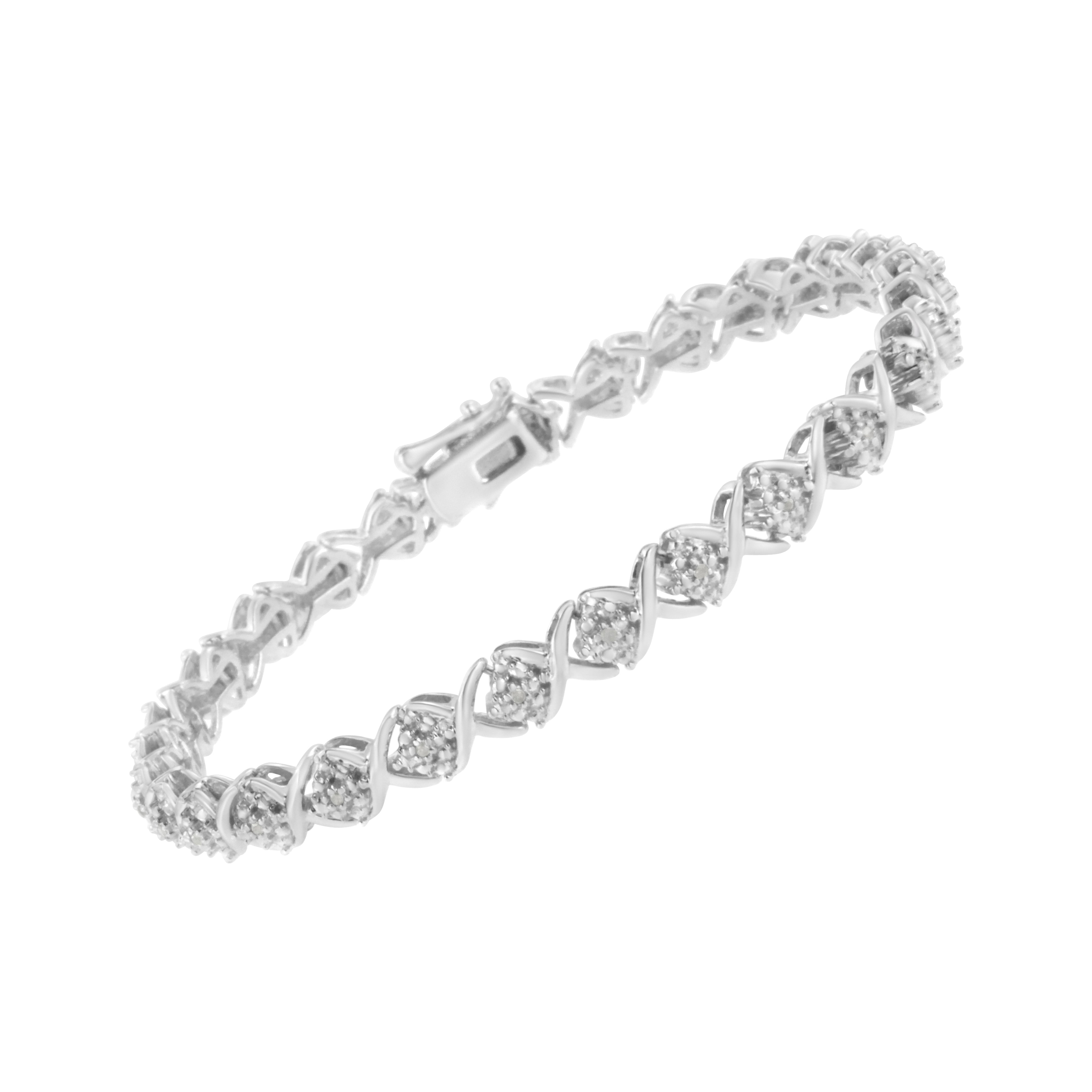 Diamond Accent Floral Cluster and "X" Link Bracelet 925 Sterling Silver
