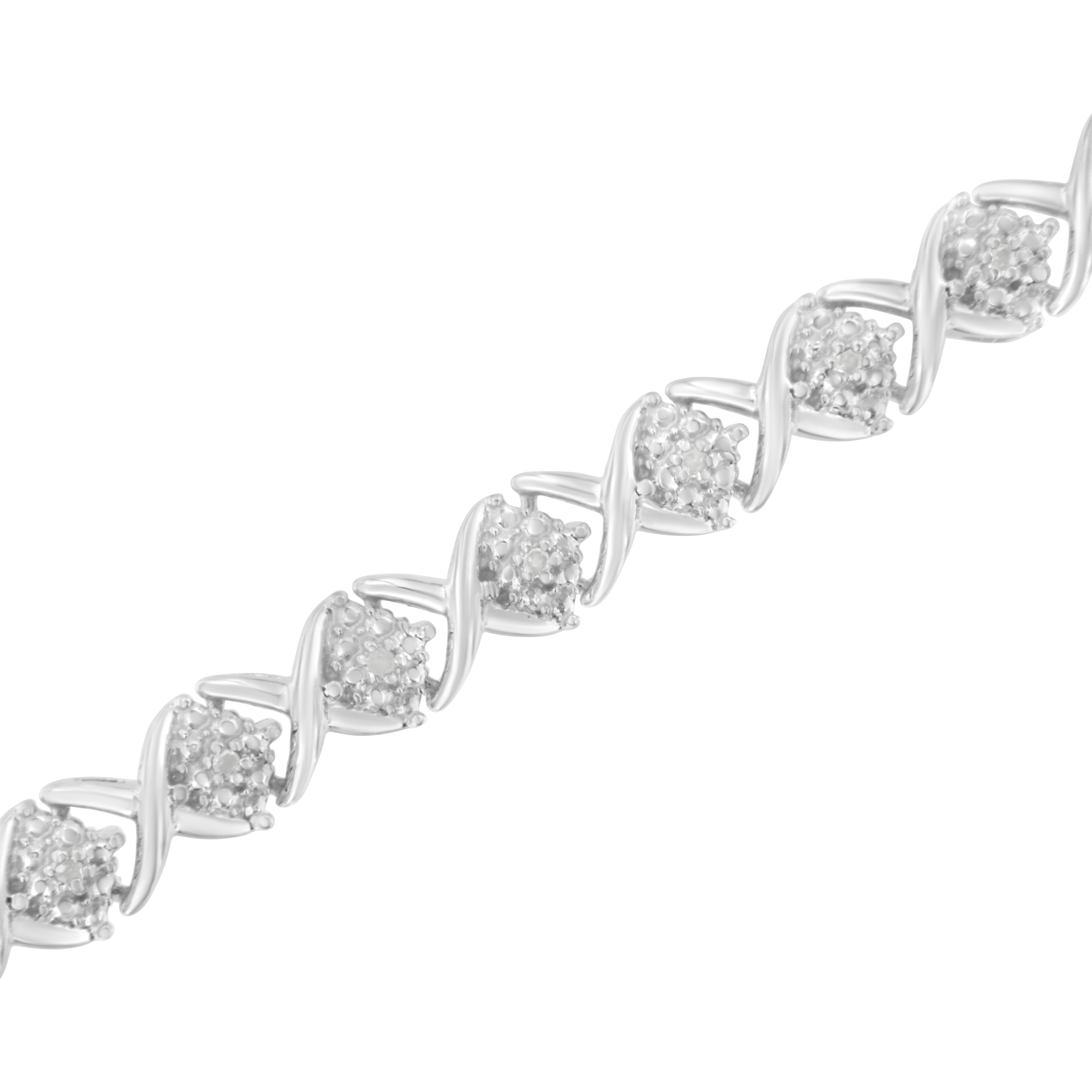 Diamond Accent Floral Cluster and "X" Link Bracelet 925 Sterling Silver