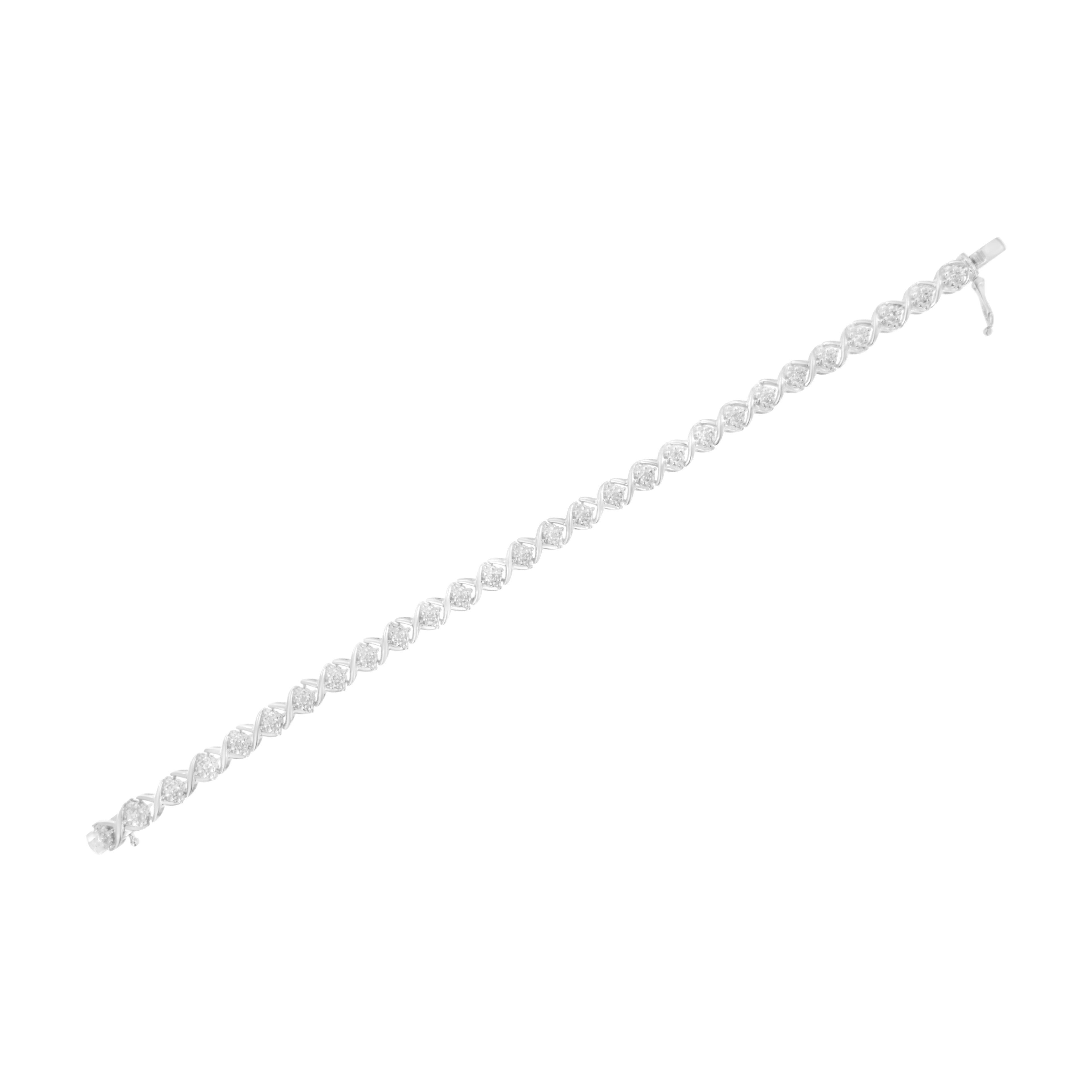 Diamond Accent Floral Cluster and "X" Link Bracelet 925 Sterling Silver