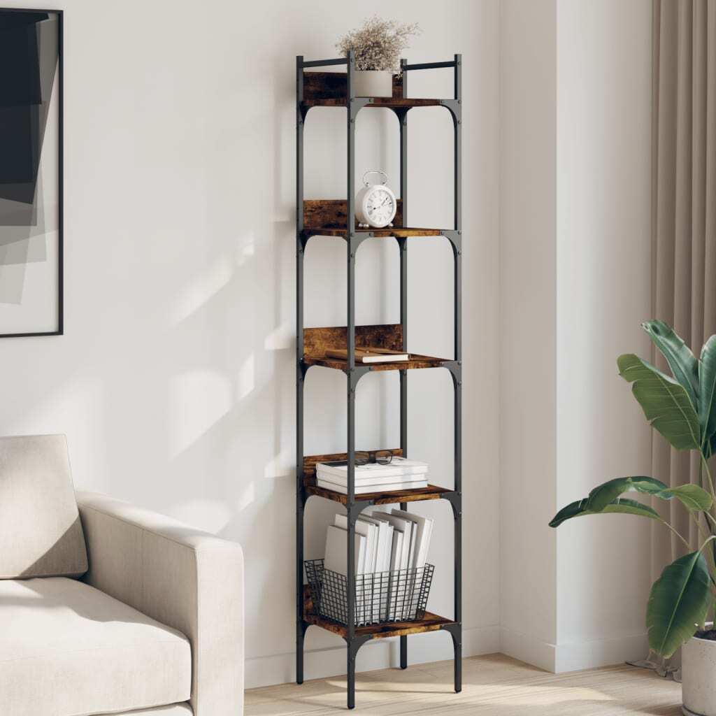 Smoked Oak Bookshelf - 5-Tier Tall Narrow Engineered Wood