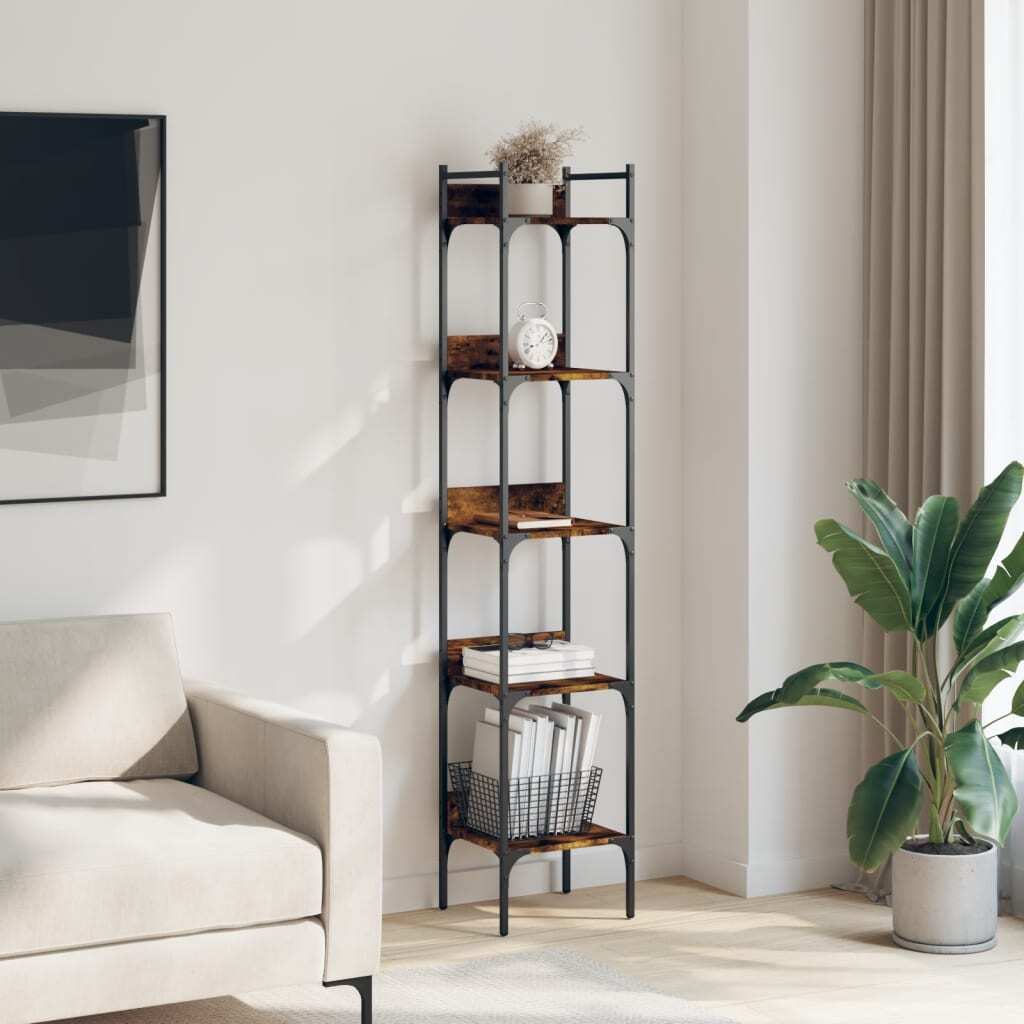 Smoked Oak Bookshelf - 5-Tier Tall Narrow Engineered Wood