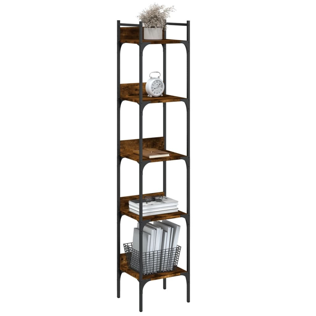 Smoked Oak Bookshelf - 5-Tier Tall Narrow Engineered Wood