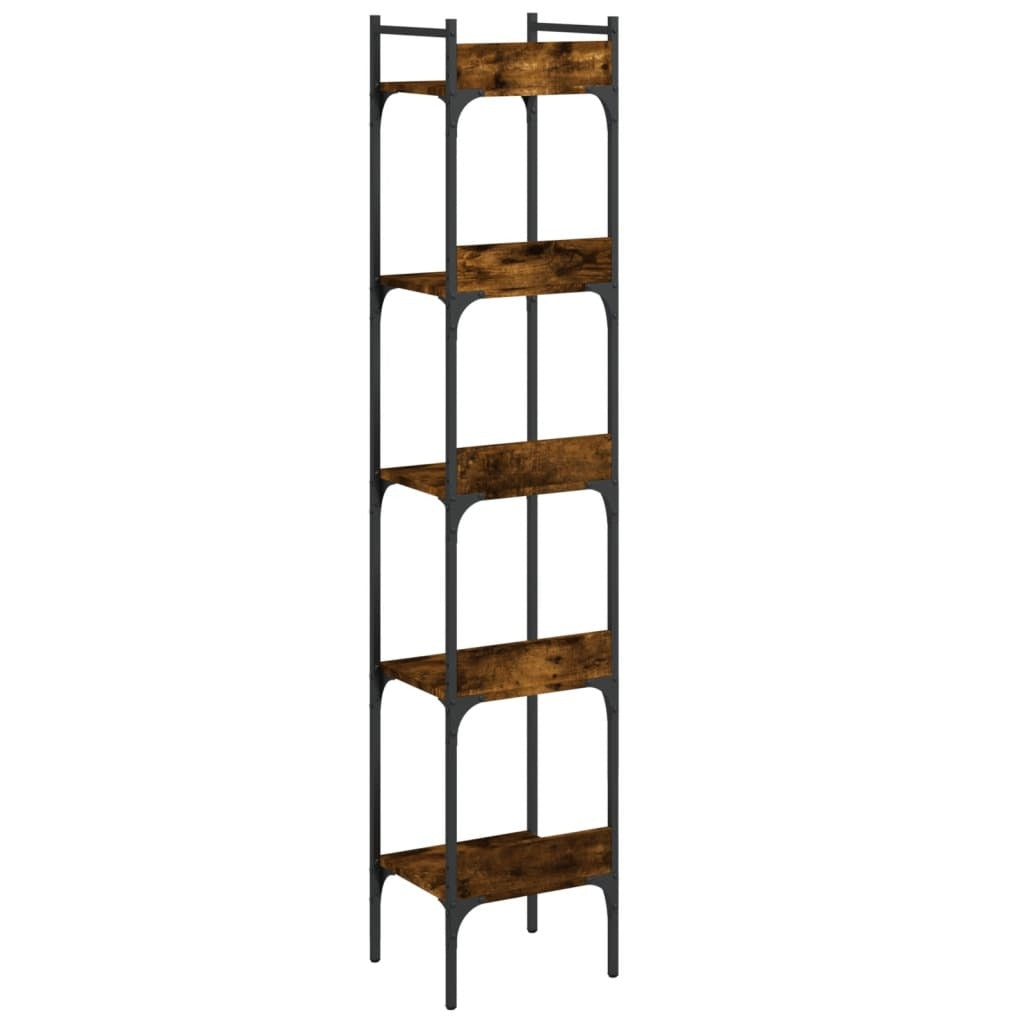 Smoked Oak Bookshelf - 5-Tier Tall Narrow Engineered Wood