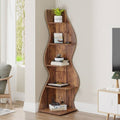 Modern Wave Shape 5 Shelf Corner Bookcase - Brown Wood Finish