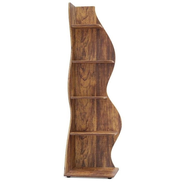Modern Wave Shape 5 Shelf Corner Bookcase - Brown Wood Finish