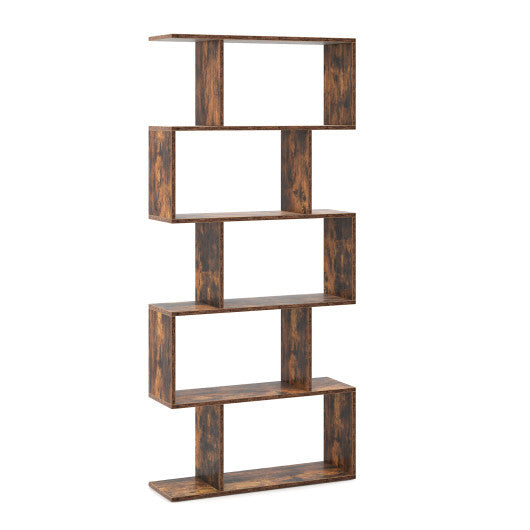 5-Tier S-Shaped Bookshelf with Anti-Toppling Device - Rustic Brown