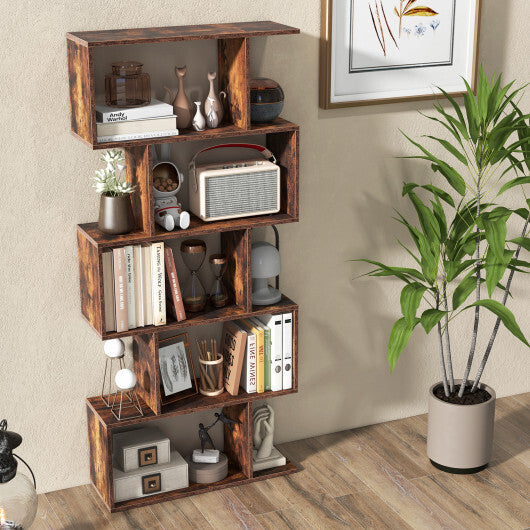 5-Tier S-Shaped Bookshelf with Anti-Toppling Device - Rustic Brown