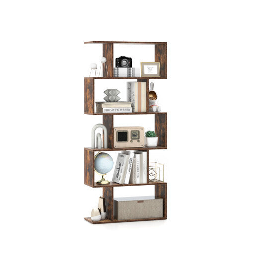 5-Tier S-Shaped Bookshelf with Anti-Toppling Device - Rustic Brown