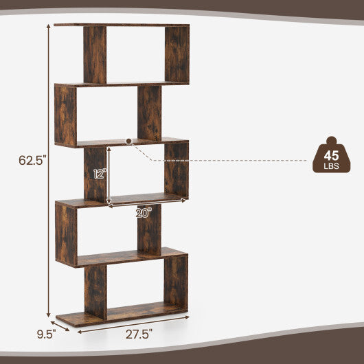 5-Tier S-Shaped Bookshelf with Anti-Toppling Device - Rustic Brown