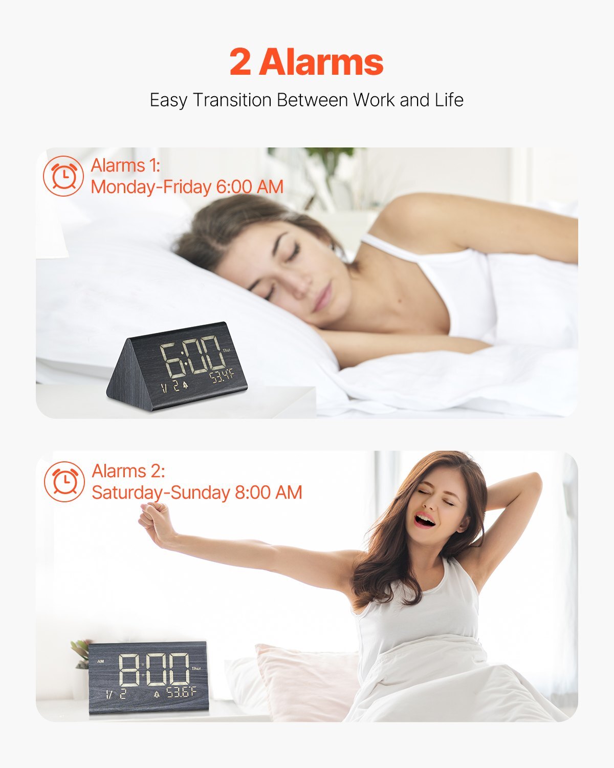 Digital Alarm Clock - Wooden Desk Clock with Dual Alarm & USB Port