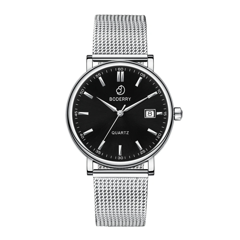 BODERRY Classic Men's Luxury Swiss Made Quartz Dress Watch Stainless Steel Sapphire Crystal Waterproof Wrist Watches