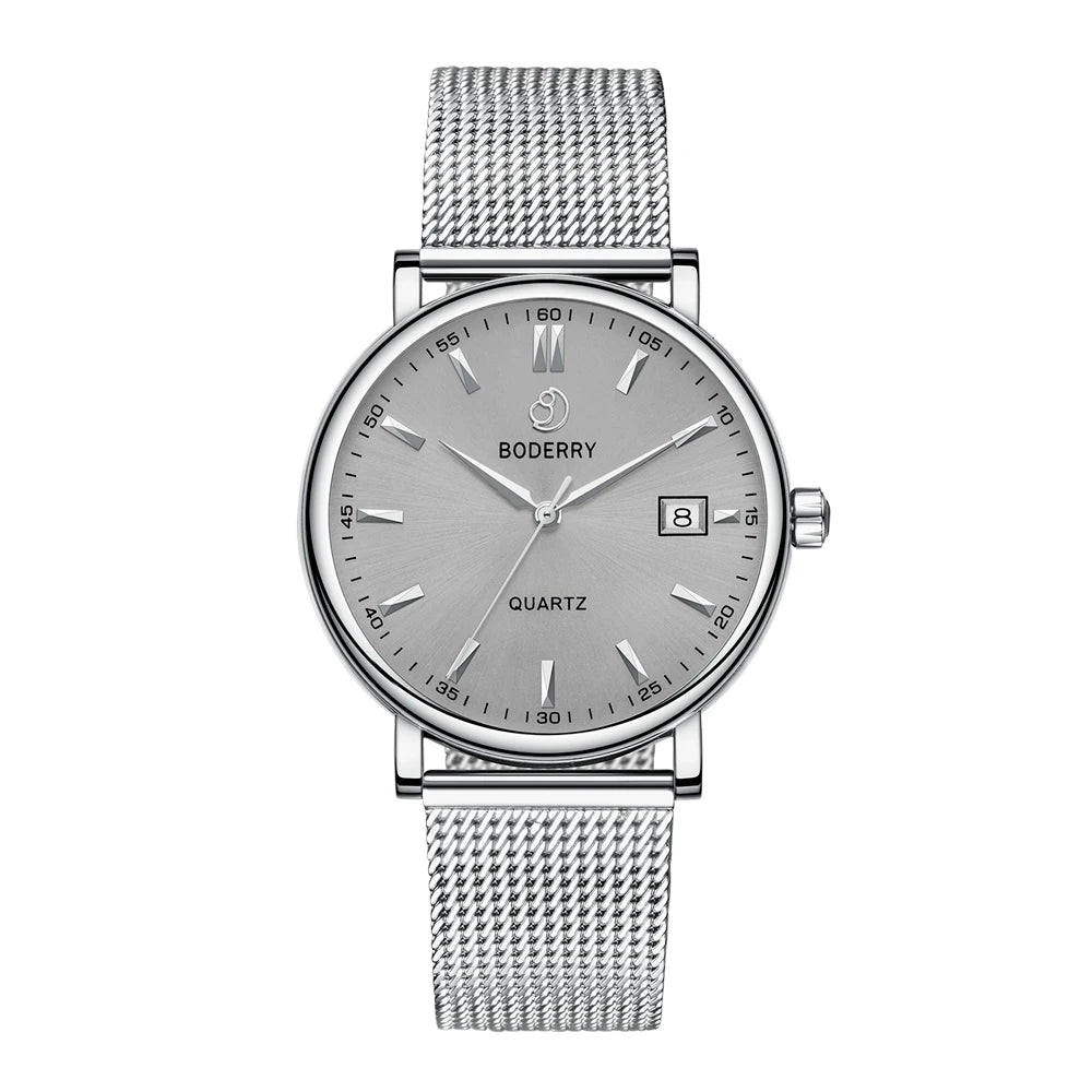 BODERRY Classic Men's Luxury Swiss Made Quartz Dress Watch Stainless Steel Sapphire Crystal Waterproof Wrist Watches