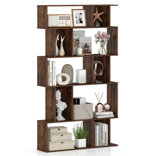 Geometric Bookshelf 5-Tier Bookcase - Open Shelves & Closed-Back Cubes - Brown