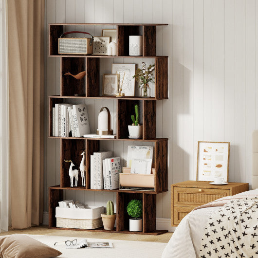 Geometric Bookshelf 5-Tier Bookcase - Open Shelves & Closed-Back Cubes - Brown