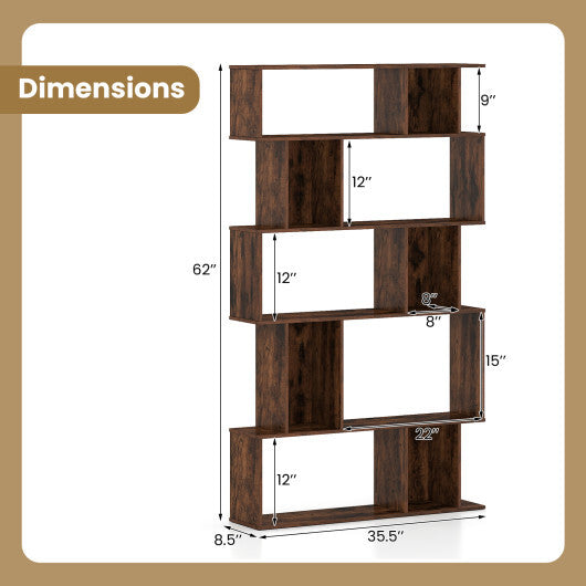 Geometric Bookshelf 5-Tier Bookcase - Open Shelves & Closed-Back Cubes - Brown