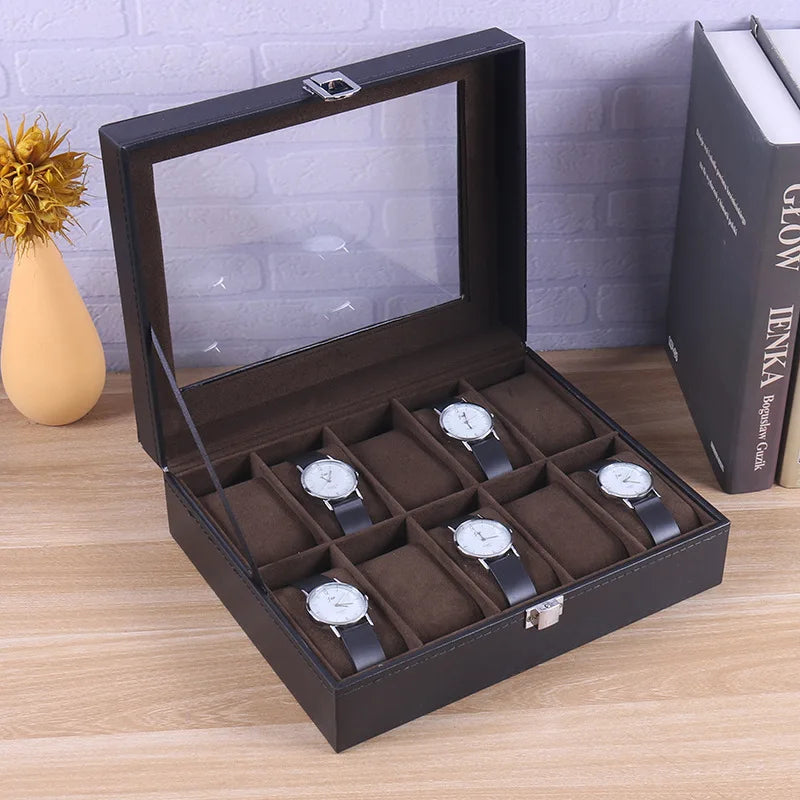 PU Leather Watch Organizer Box - Travel Display Case with Glass Lid