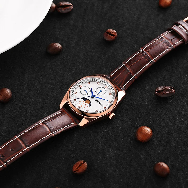 BERNY Men's and Women's Quartz Watch Moon Phase Day Date Calendar Dress Watch MIYOTA 6P20