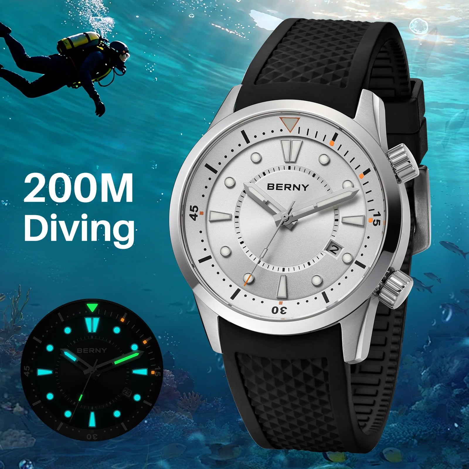 BERNY Automatic Diver Watch - Miyota 8215 200M Sapphire Crystal AR Coated Silicone Strap Internal Rotating Bezel