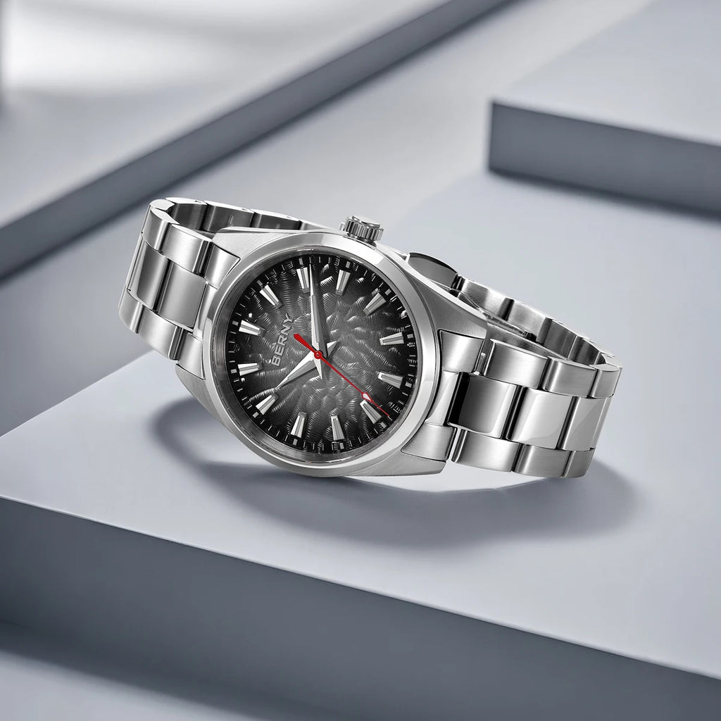 BERNY Men's Textured Dial Luminous Sapphire Crystal Precision Quartz 10ATM Full Stainless Steel Watch