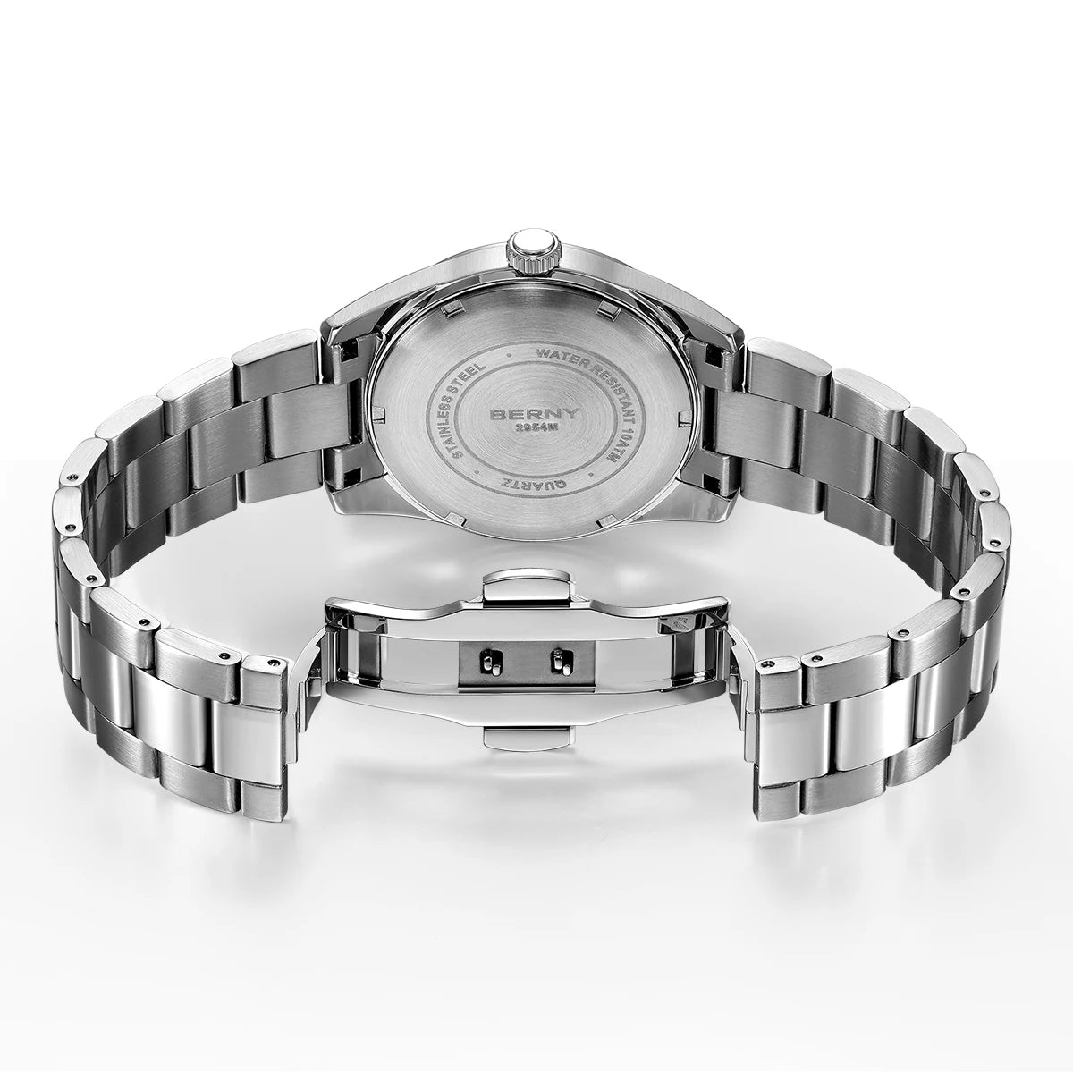 BERNY Men's Textured Dial Luminous Sapphire Crystal Precision Quartz 10ATM Full Stainless Steel Watch