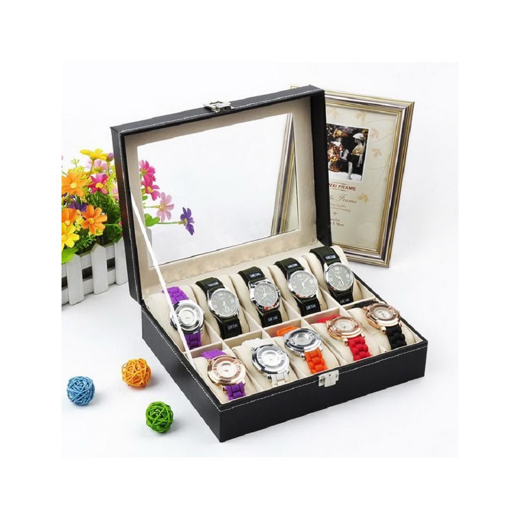 10 Compartments Leather Watch Collection Storage Box Black