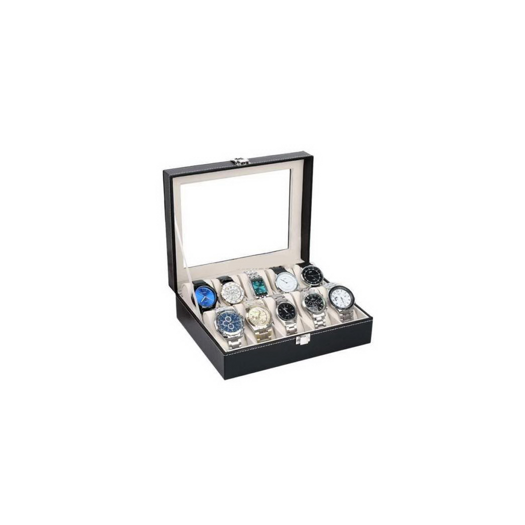 10 Compartments Leather Watch Collection Storage Box Black