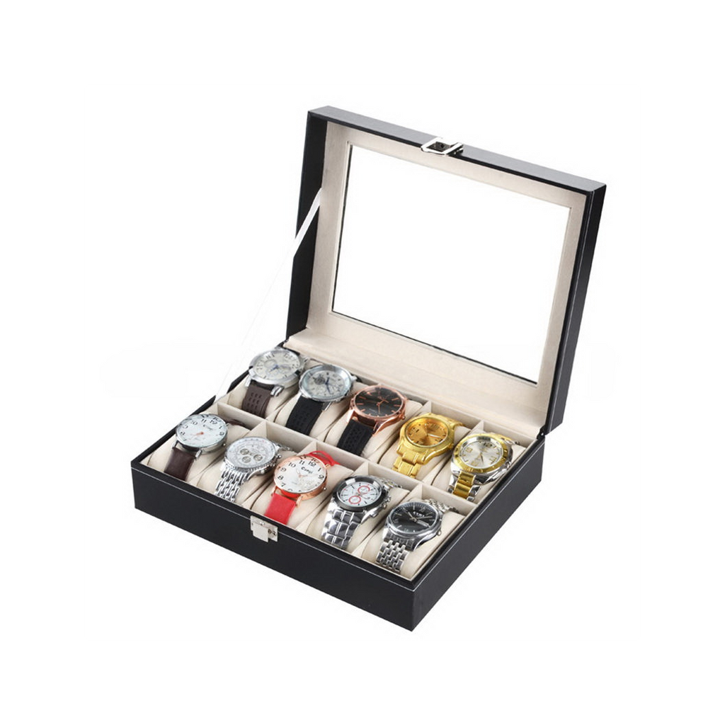 10 Compartments Leather Watch Collection Storage Box Black
