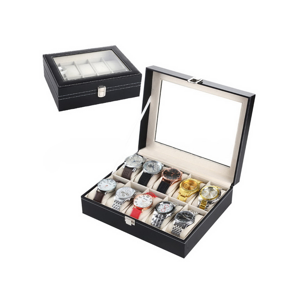 10 Compartments Leather Watch Collection Storage Box Black