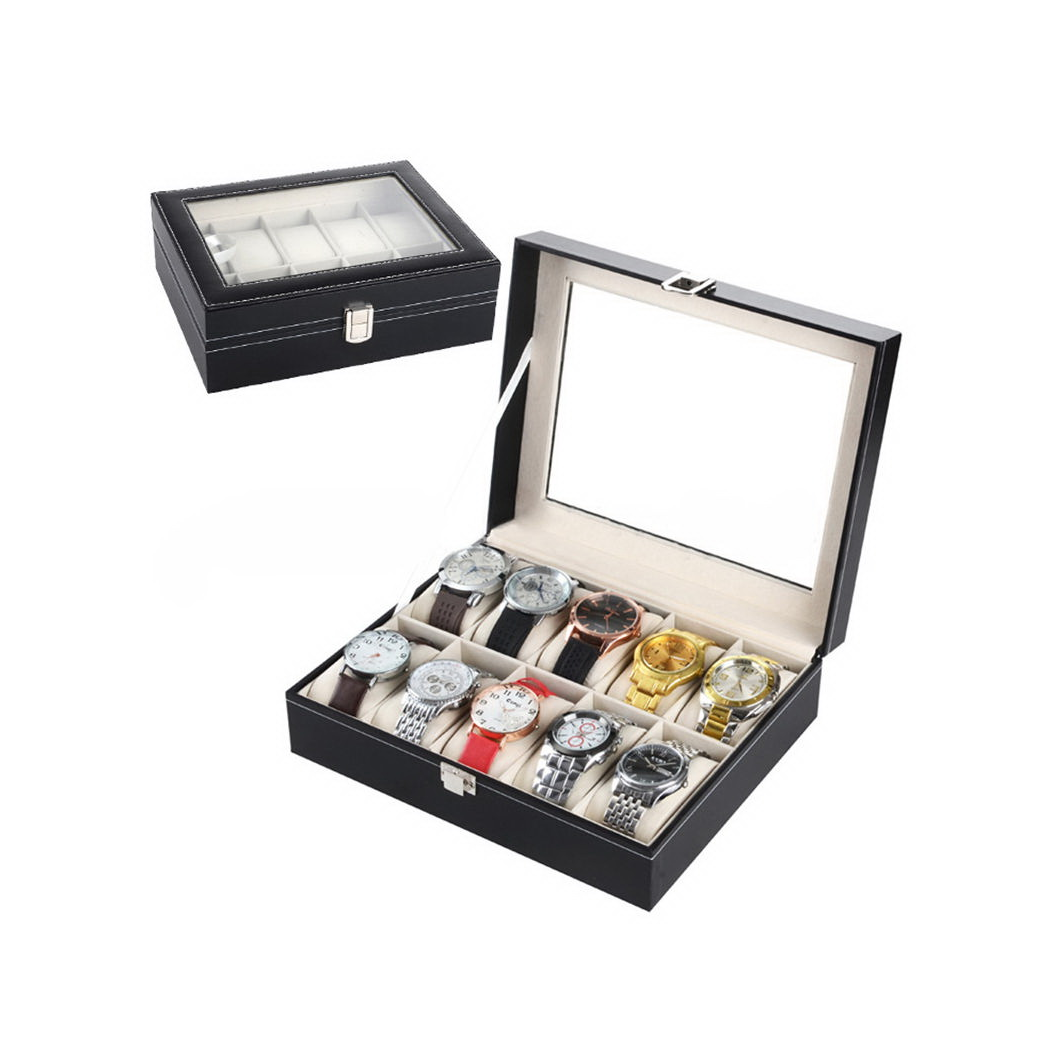 10 Compartments Leather Watch Collection Storage Box Black