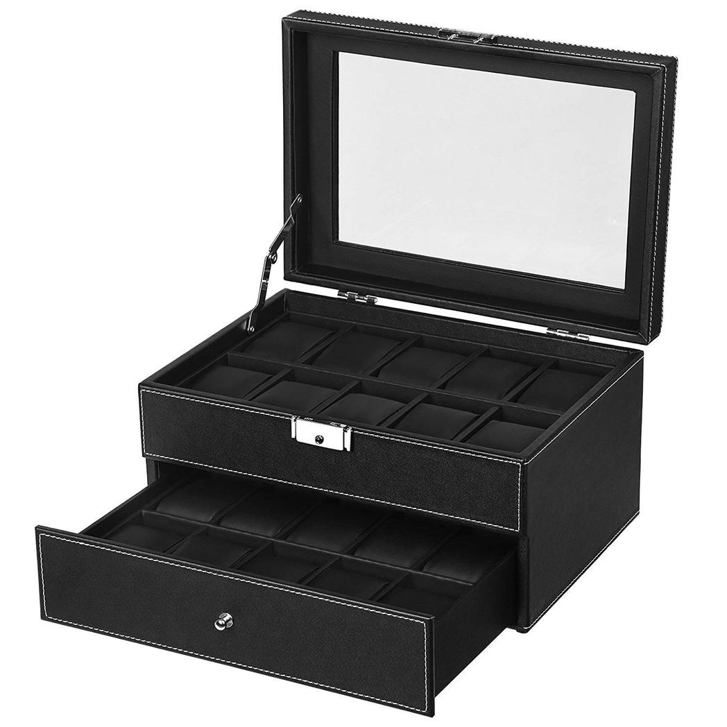Black Watch Box 20 Slot Case Glass Top Display Organizer Lockable