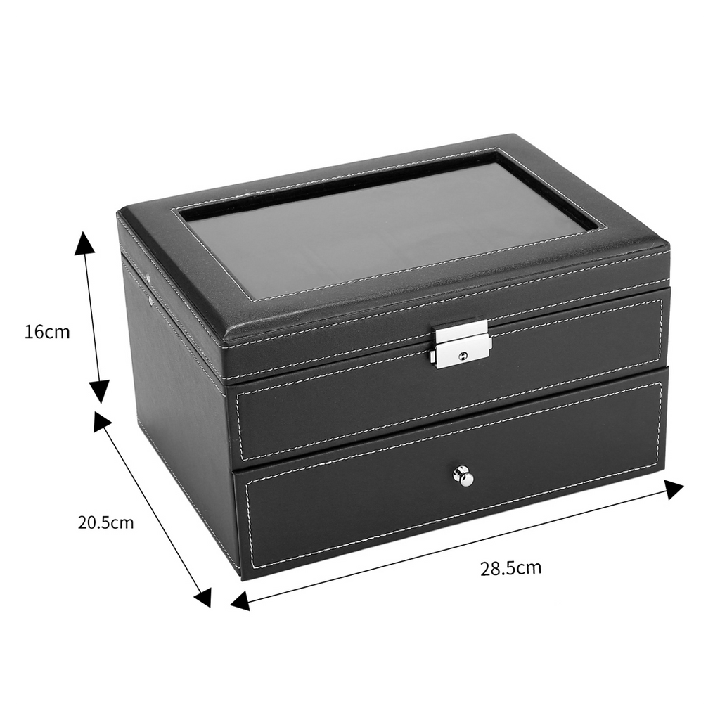 Black Watch Box 20 Slot Case Glass Top Display Organizer Lockable