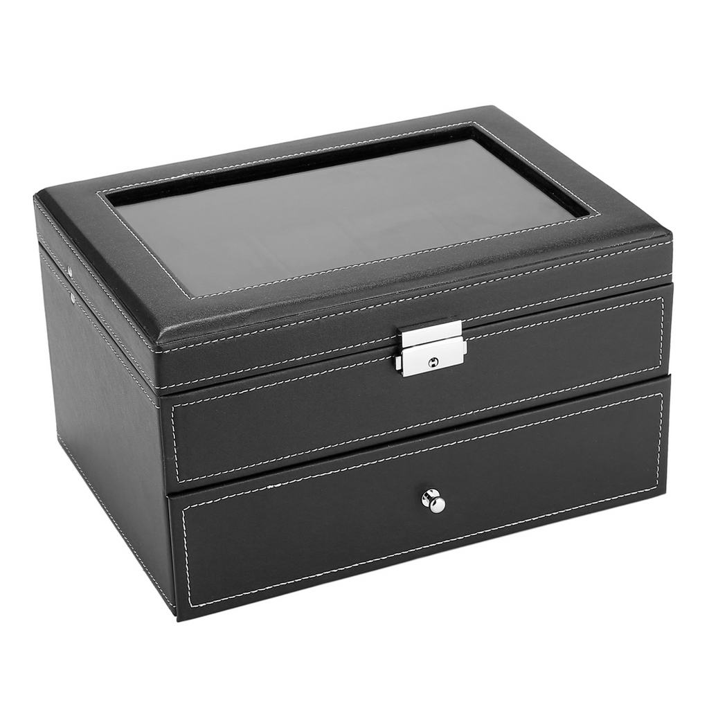 Black Watch Box 20 Slot Case Glass Top Display Organizer Lockable