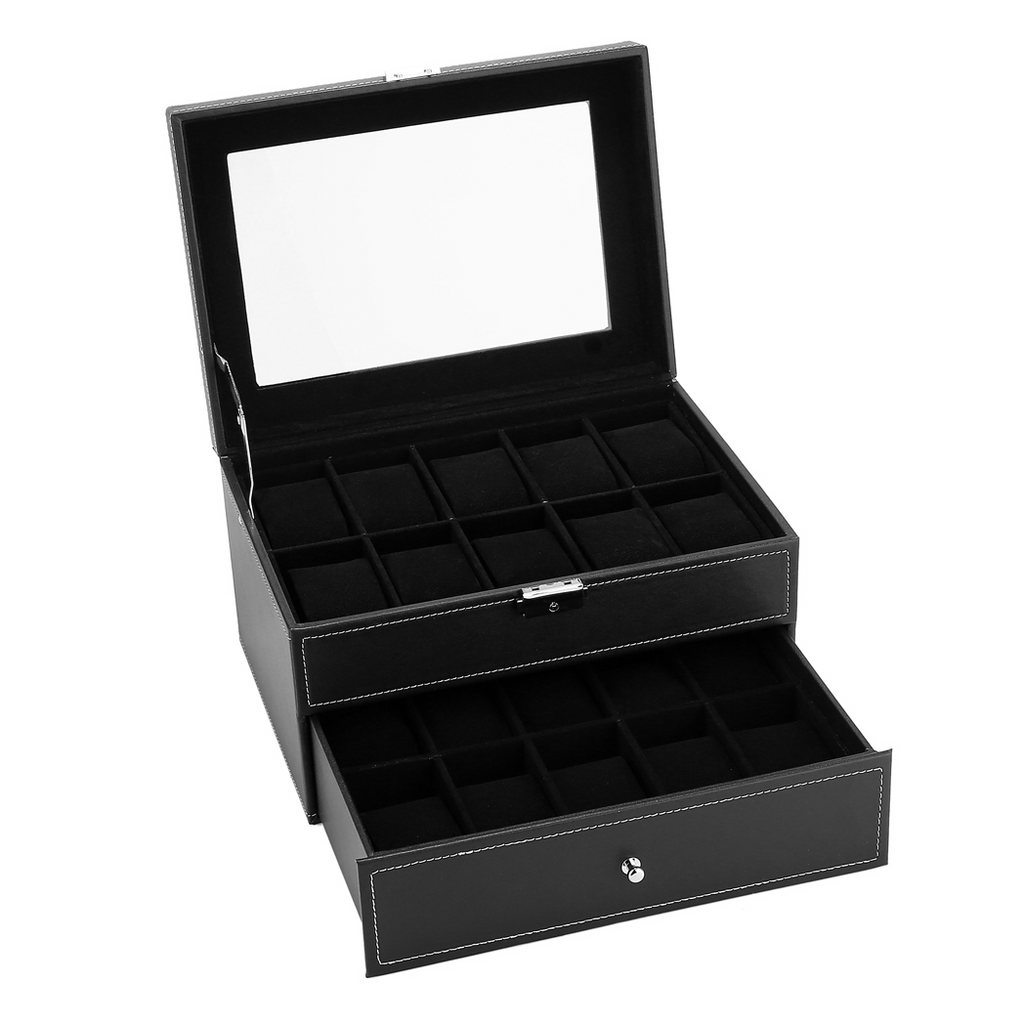 Black Watch Box 20 Slot Case Glass Top Display Organizer Lockable