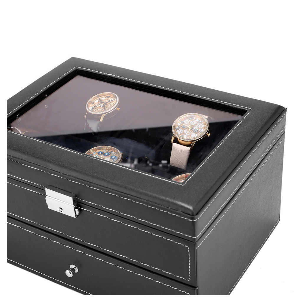 Black Watch Box 20 Slot Case Glass Top Display Organizer Lockable