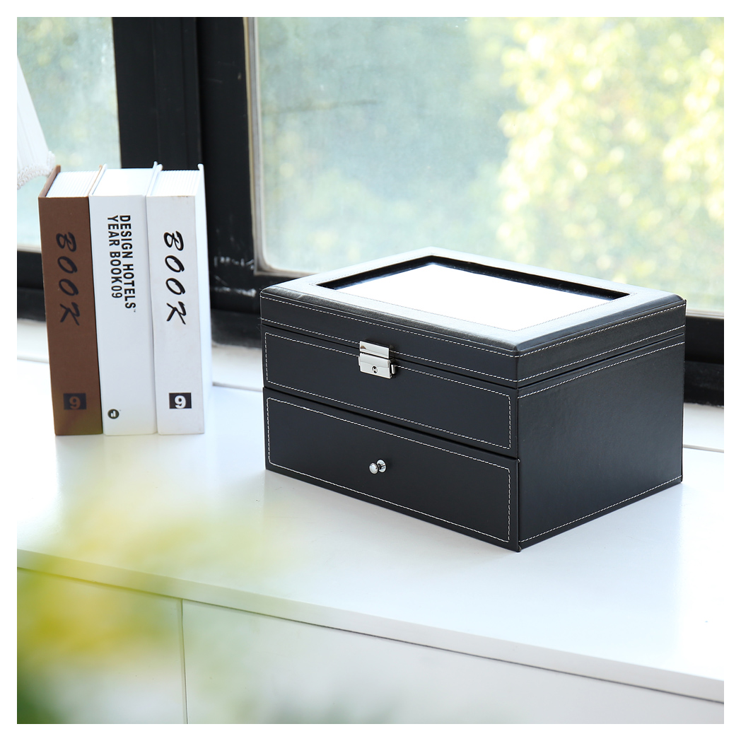 Black Watch Box 20 Slot Case Glass Top Display Organizer Lockable