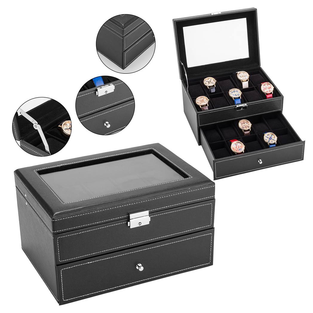 Black Watch Box 20 Slot Case Glass Top Display Organizer Lockable