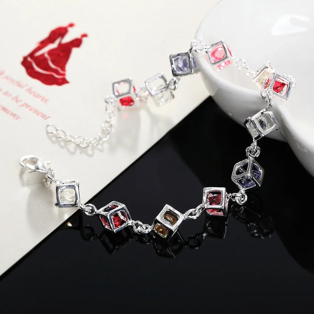 925 Silver Colorful Zircon Crystal Bracelet - Women's Wedding Gift