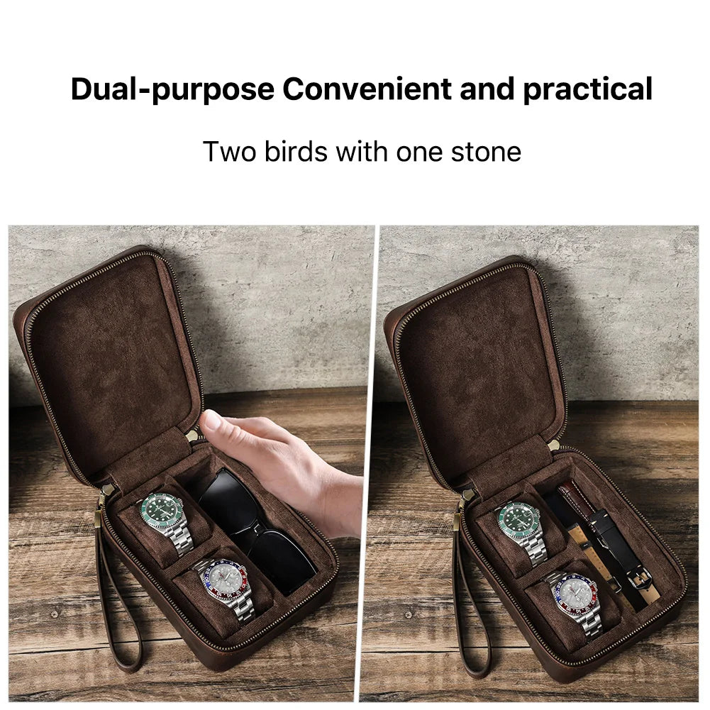 Genuine Leather Watch Travel Case - Watch and Sunglasses Storage Box with Soft Lining